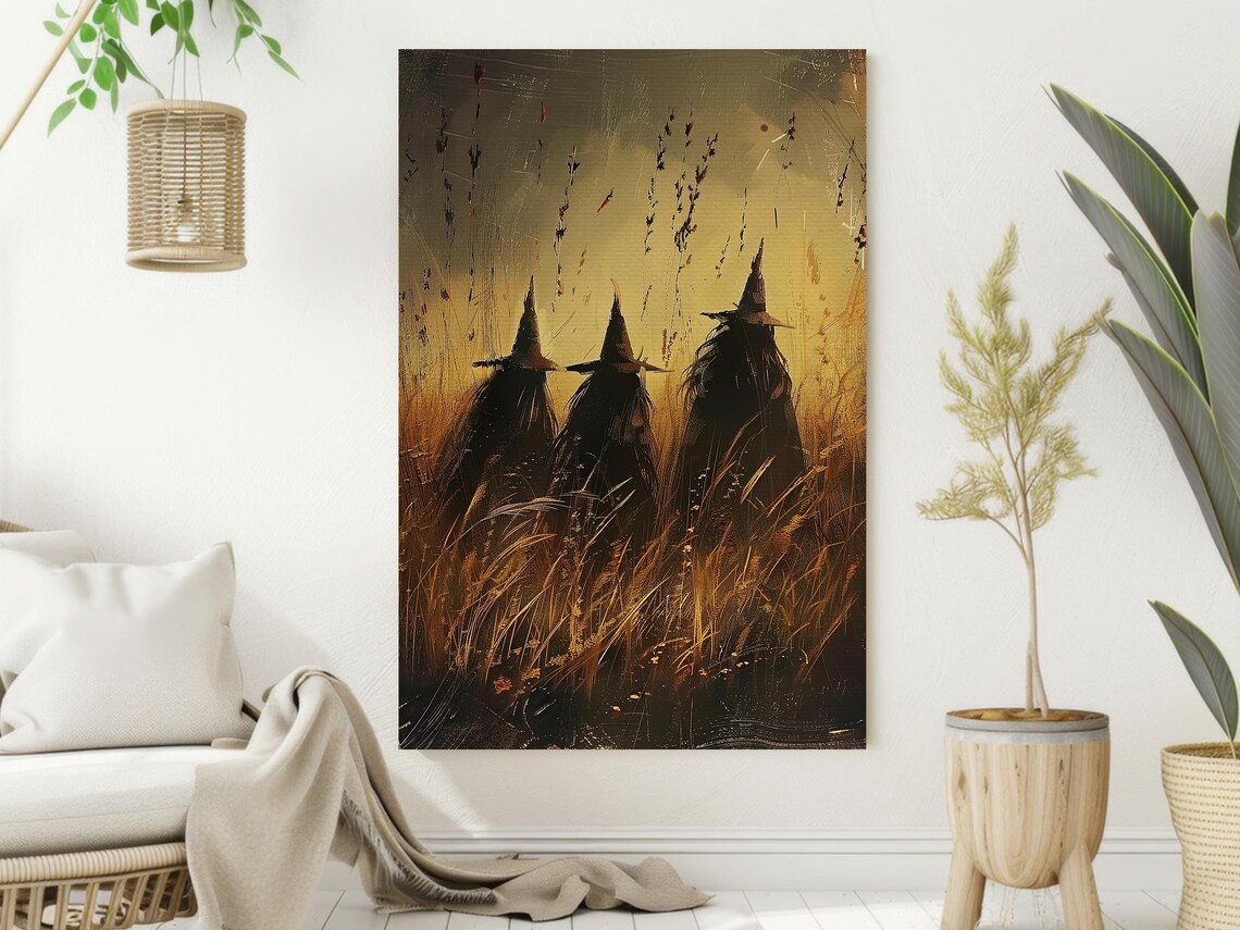 Three Witches in Golden Wheat Field Sunset Rustic Harvest Halloween Poster - Image 2