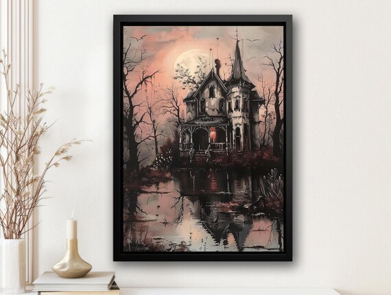 Haunted Victorian Mansion by Moonlit Lake Spooky Pink Sky Art Poster