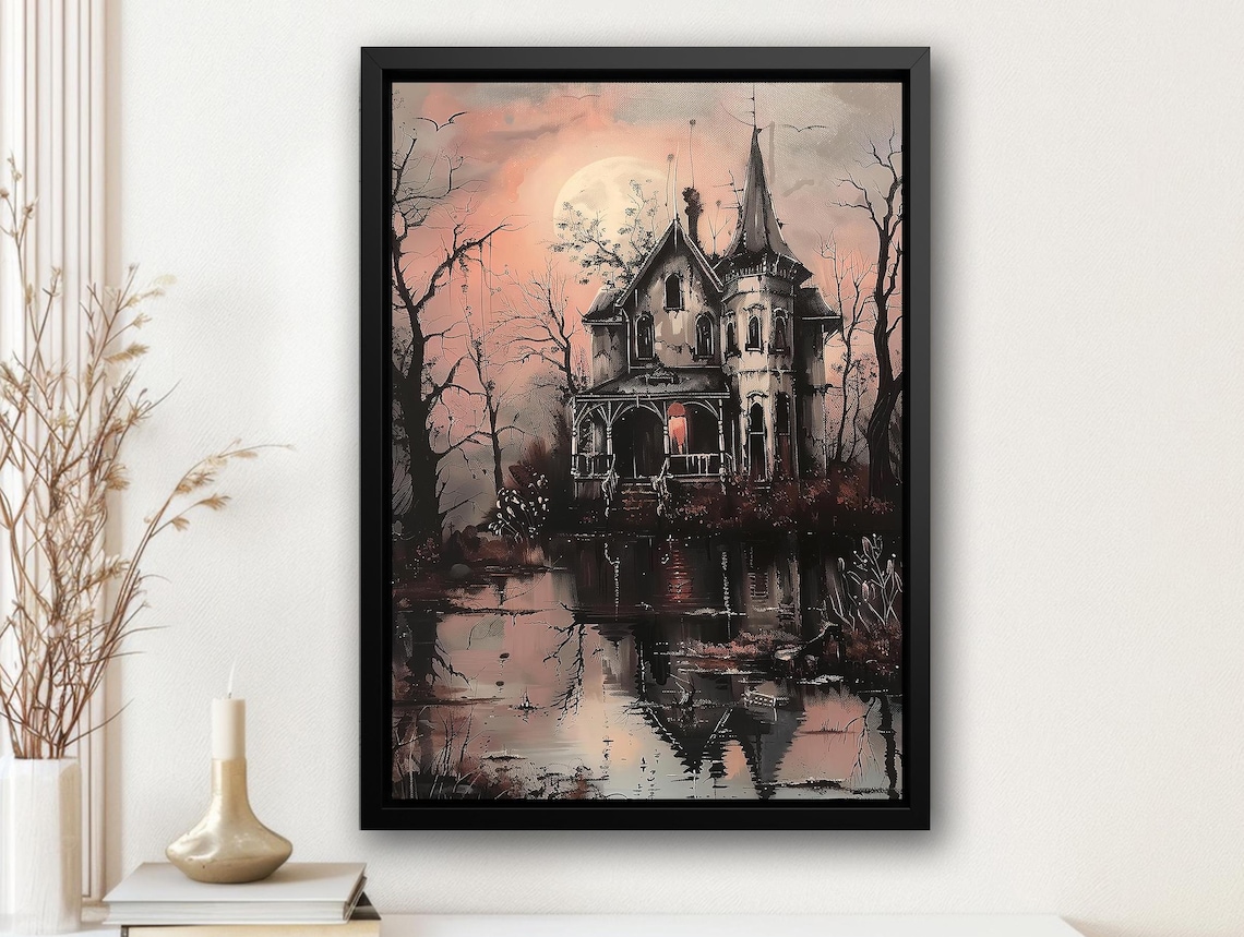 Haunted Victorian Mansion by Moonlit Lake Spooky Pink Sky Art Poster