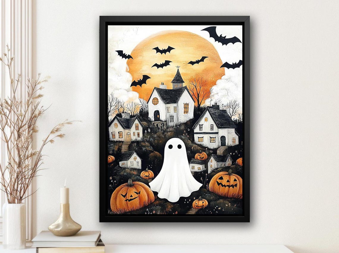 Whimsical Halloween Village Ghost Bats Pumpkins Folk Art Poster