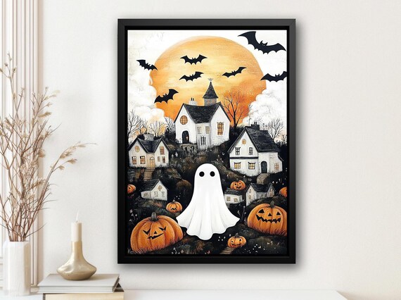 Whimsical Halloween Village Ghost Bats Pumpkins Folk Art Poster