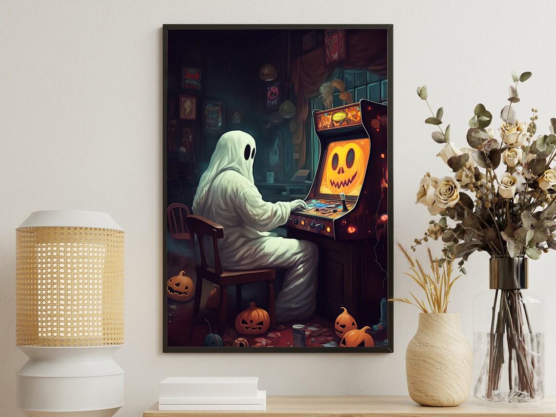 Retro Ghost Playing Video Game, Dark Gothic Art Print