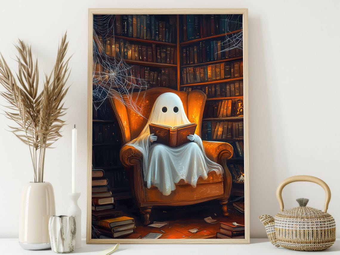 Cute Ghost Reading A Book In Spooky Library Armchair Art Print - Image 3