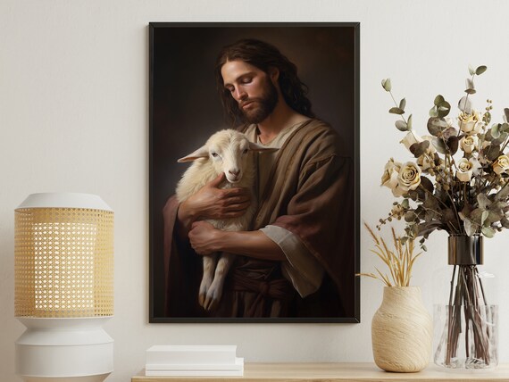 Good Shepherd Jesus Holding Lamb Classic Christian Faith Poster