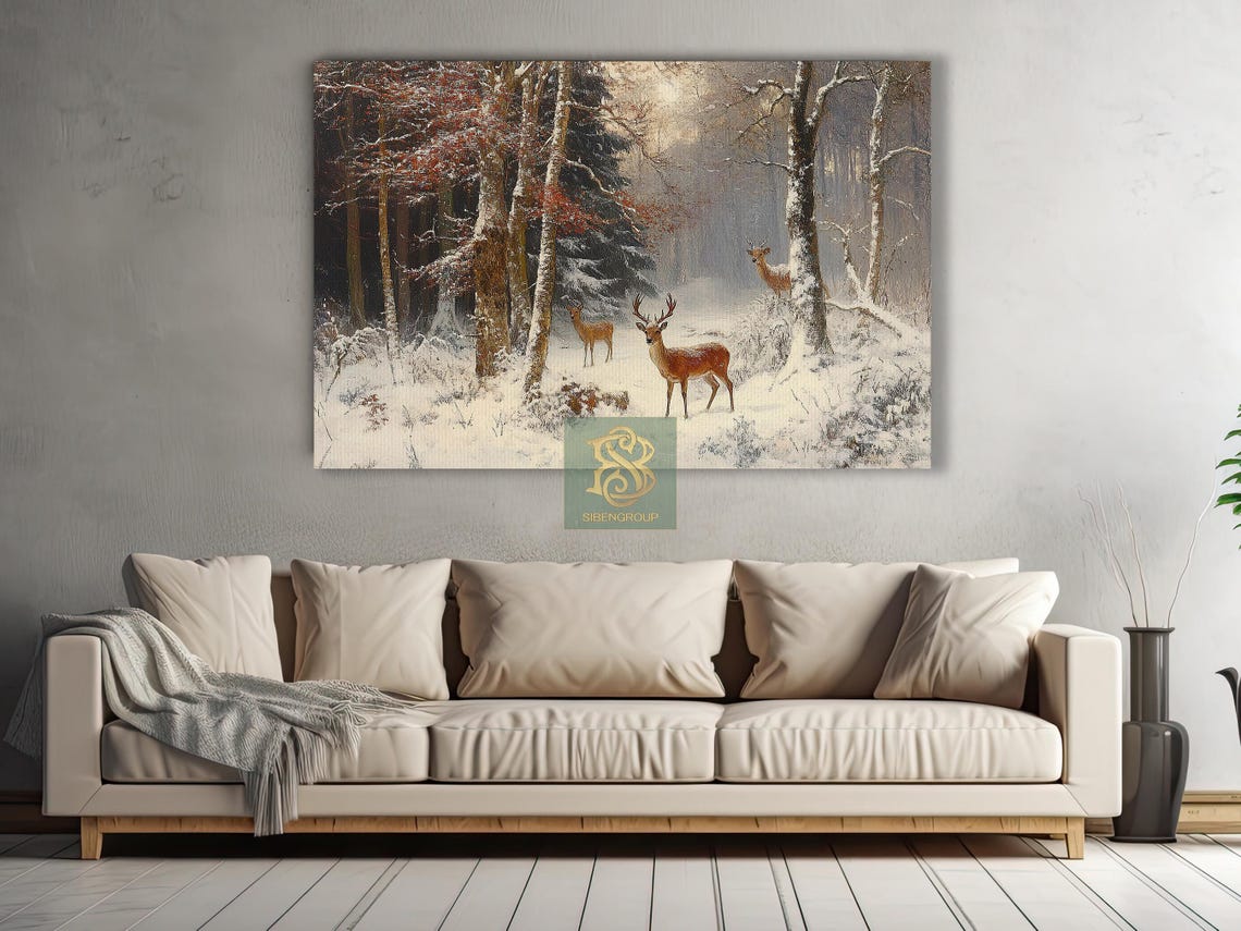 Three Deer In Snowy Winter Forest Vintage Wildlife Scene Print - Image 3