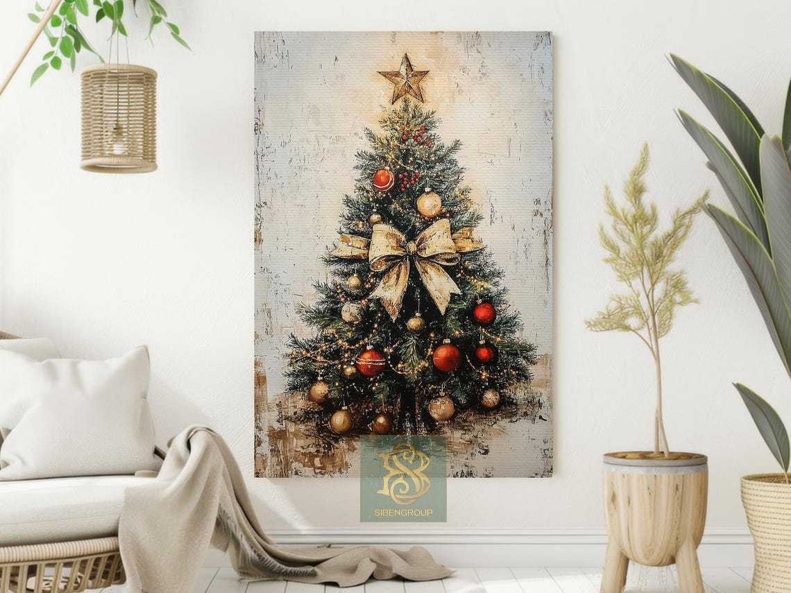 Rustic Christmas Tree With Cream Bow Red Gold Ornaments Art Poster - Image 2