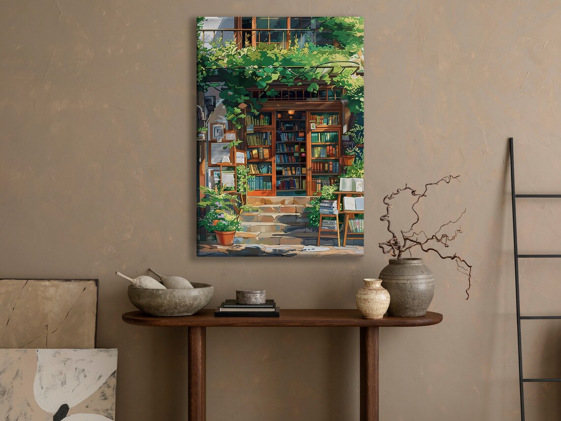 Cozy Bookstore Front Vines Bookshelves Illustration Bookshop Reading Nook Art Poster - Image 3