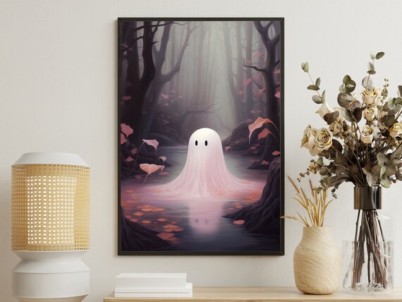 Pink Ghost Misty Forest Pond Dreamy Pastel Halloween Art Poster