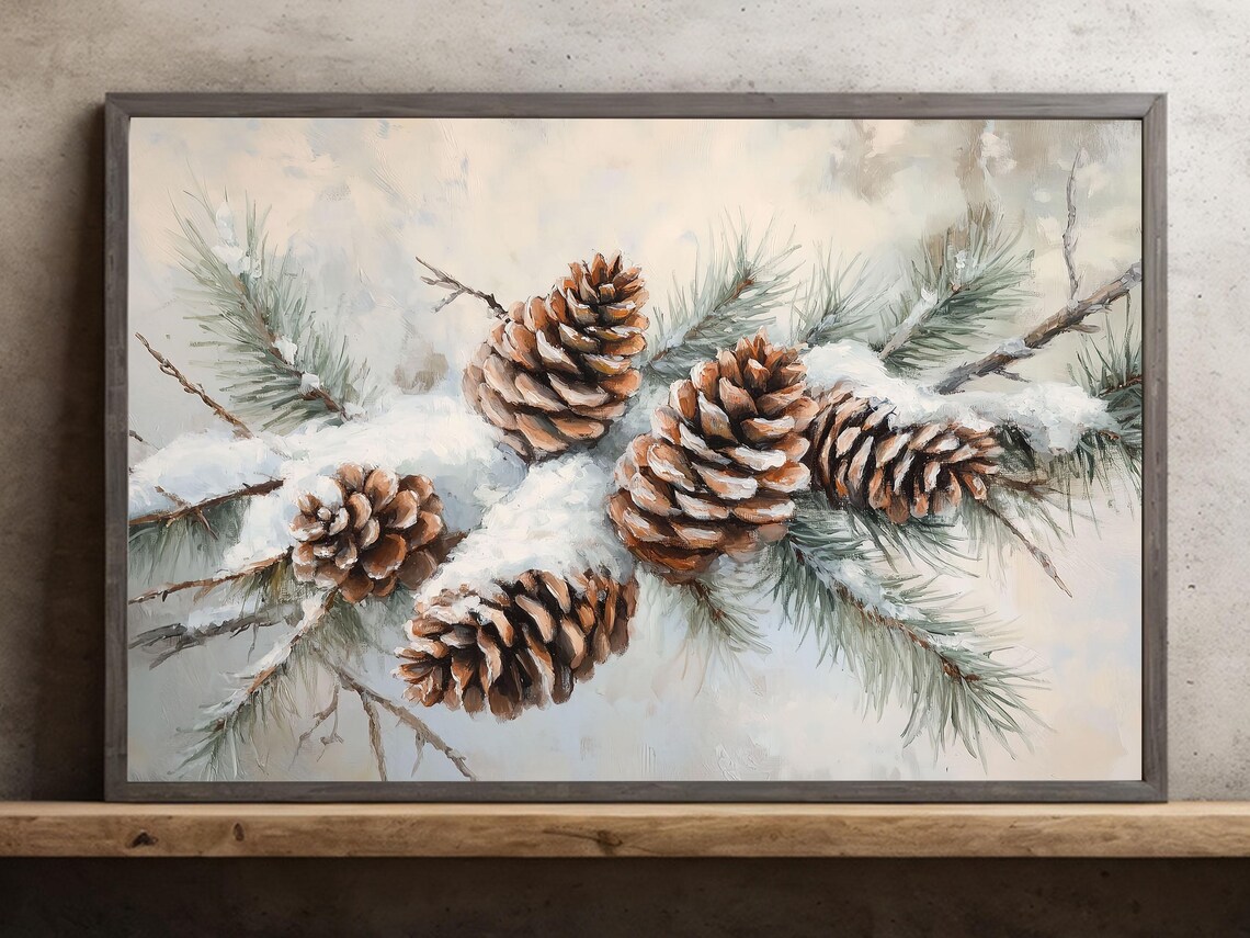 Vintage Christmas Pinecone Art Print, Rustic Winter