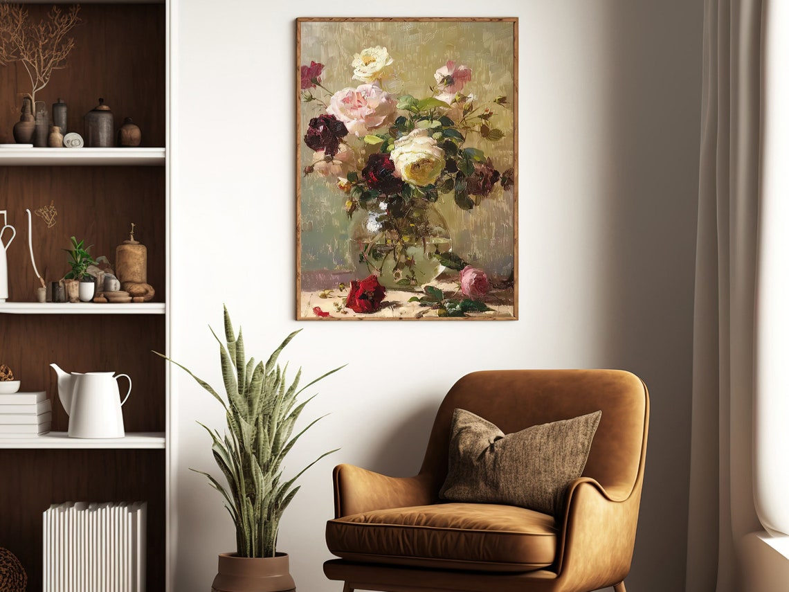 Cottage Roses Vase Painting Vintage Flowers Art Print Flowers Print Esthetic Flowers Poster Flowers Wall Art - Image 3