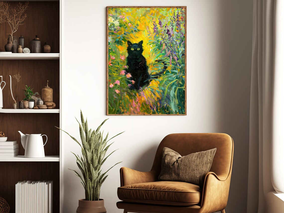 Black Cat Sitting In Colorful Flower Garden Impressionist Animal Print - Image 4