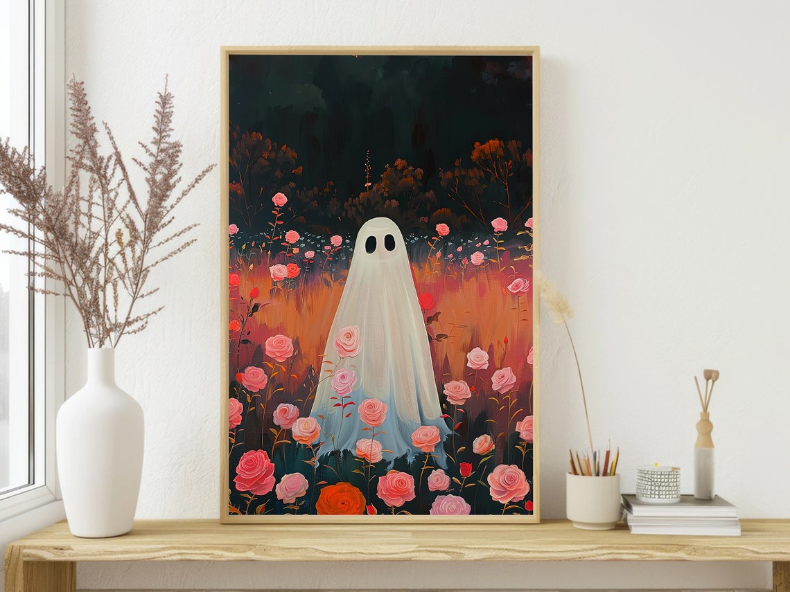 Cute Ghost Standing In Pink Rose Garden At Dusk Floral Art Poster - Image 3