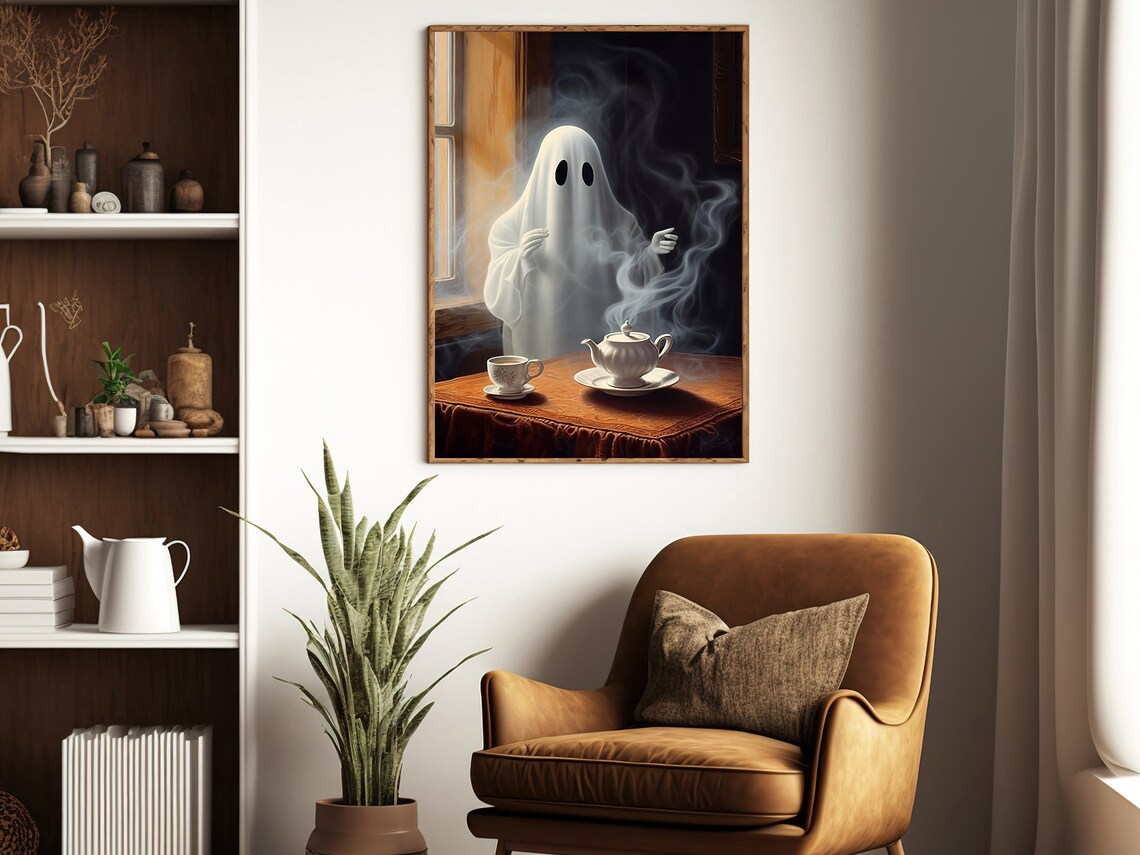 Cute Ghost Enjoying Steaming Tea Break Cozy Spooky Vintage Halloween Wall Art - Image 3