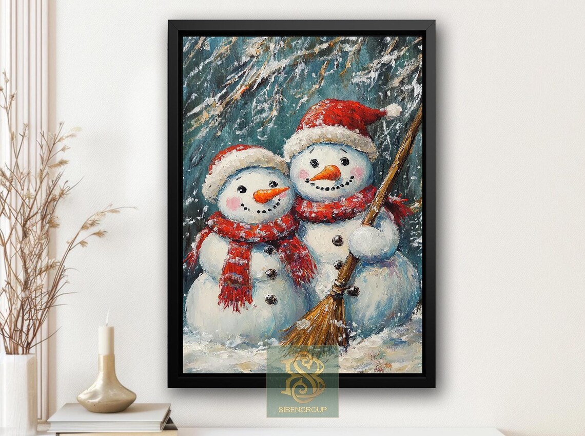Two Happy Snowmen With Red Scarves And Broom In Snowy Woods Print
