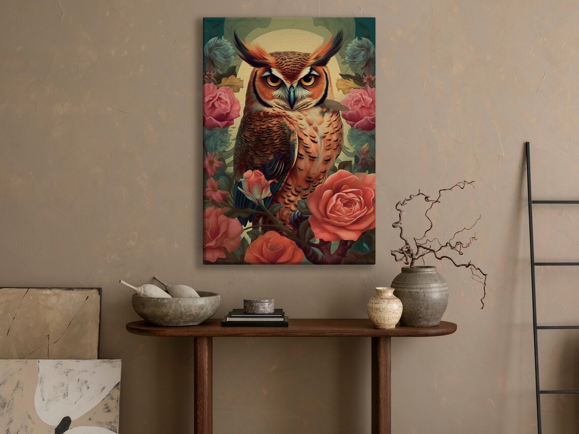 Great Horned Owl Roses Golden Halo Botanical Art Nouveau Poster - Image 4
