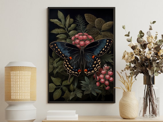 Black Swallowtail Butterfly With Pink Berries On Dark Botanical Print
