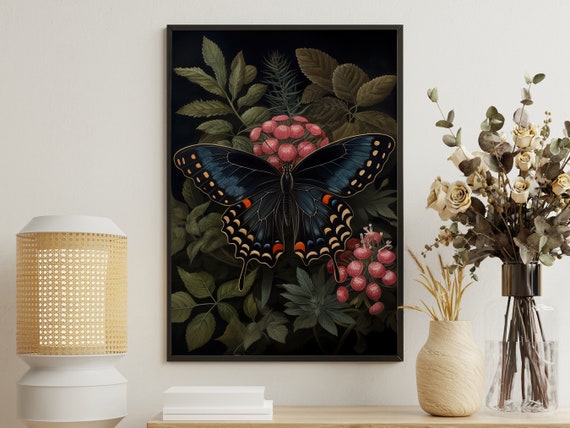 Vintage Black Butterfly Painting Flowers Art Print Butterfly Print Gothic Art Print Botanical Art Print Flowers Poster Print
