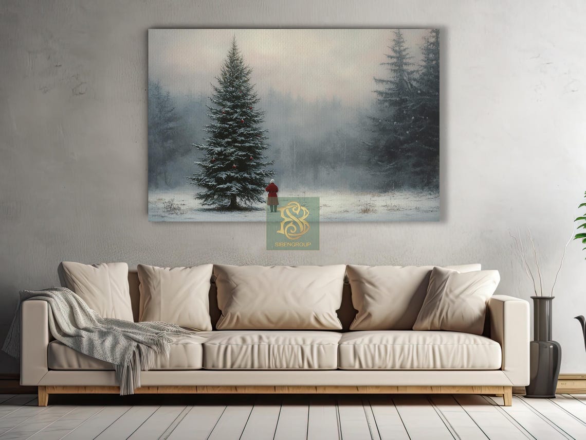 Snowy Christmas Tree With Figure In Red Coat Winter Forest Print - Image 3