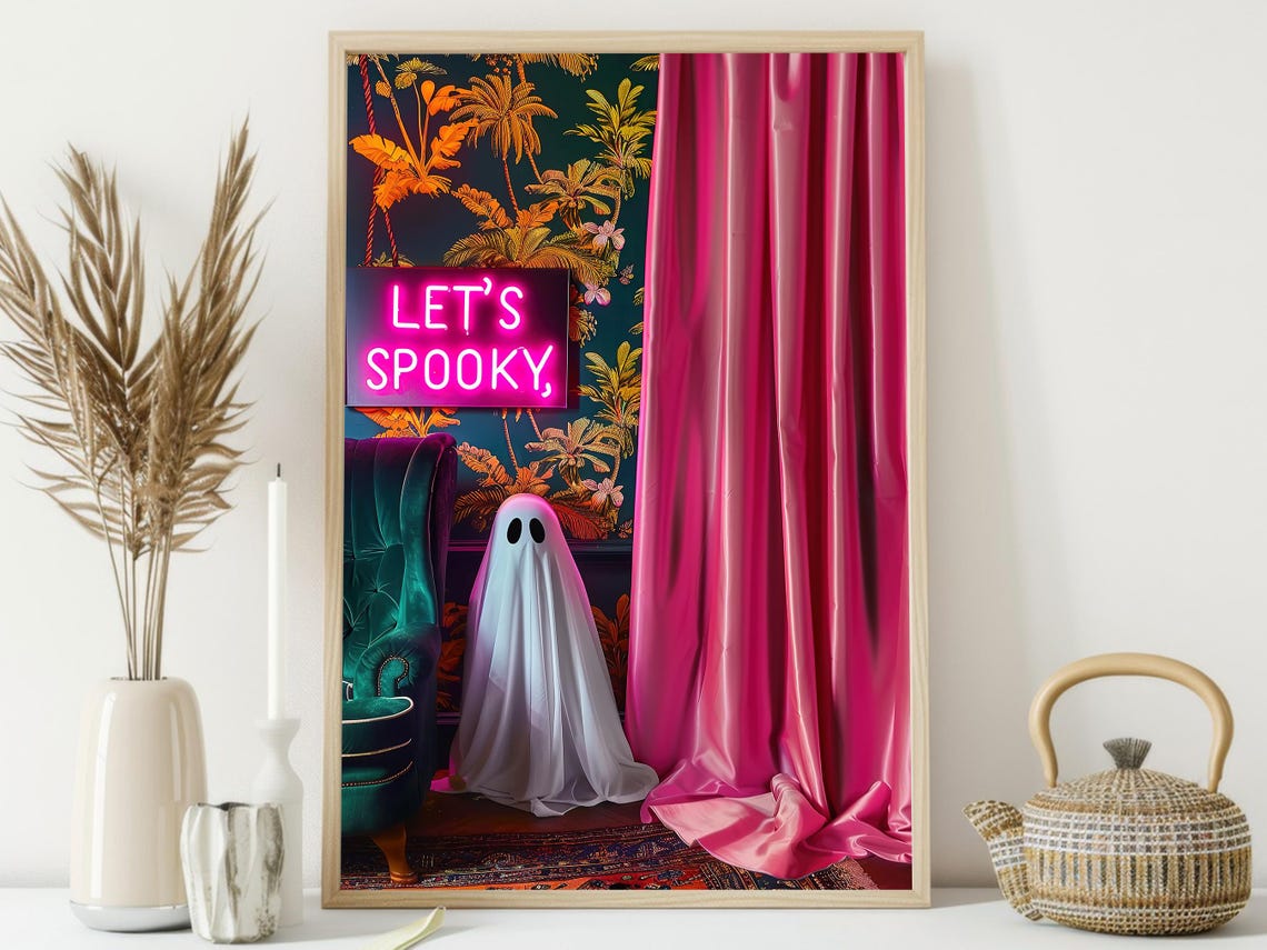 Let's Spooky Neon Sign Ghost Pink Curtain Maximalist Halloween Poster - Image 3