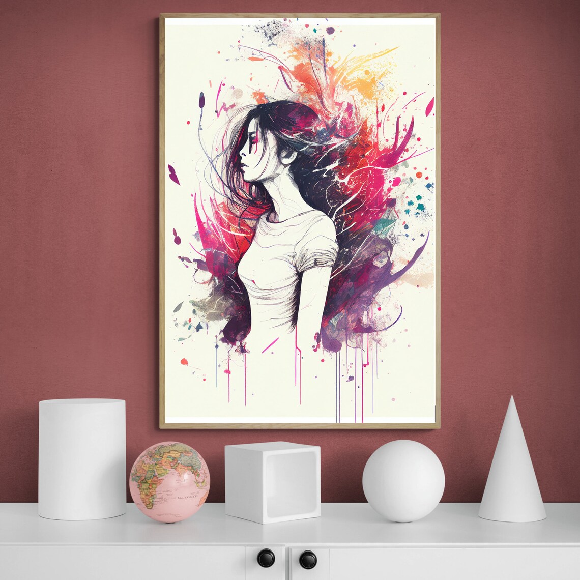 Sketch Portrait of a Woman Wrapped in Colorful Splash Art Poster