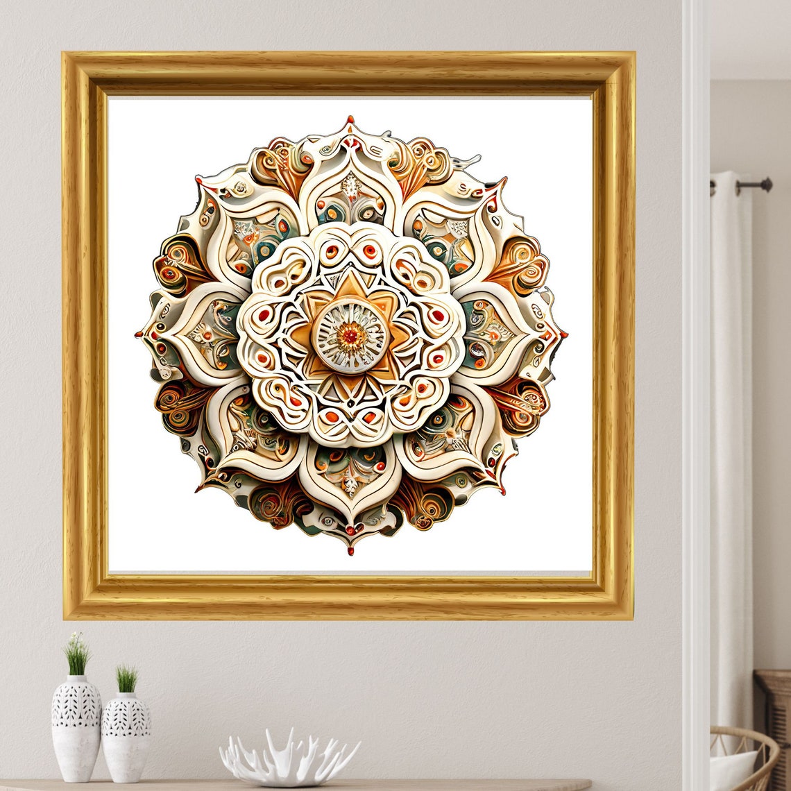 Cream and Rust Paper-Quilling Mandala in a Gold Frame Poster