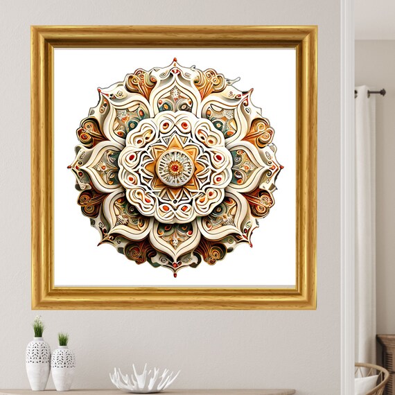 Cream and Rust Paper-Quilling Mandala in a Gold Frame Poster