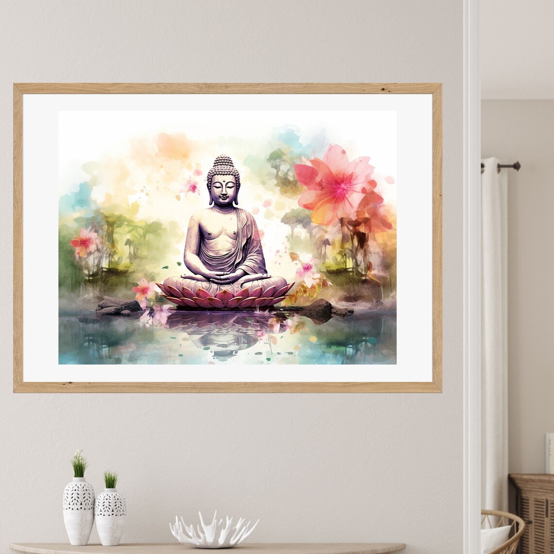 Serene Watercolor Buddha Meditating on Lotus Over Water Poster