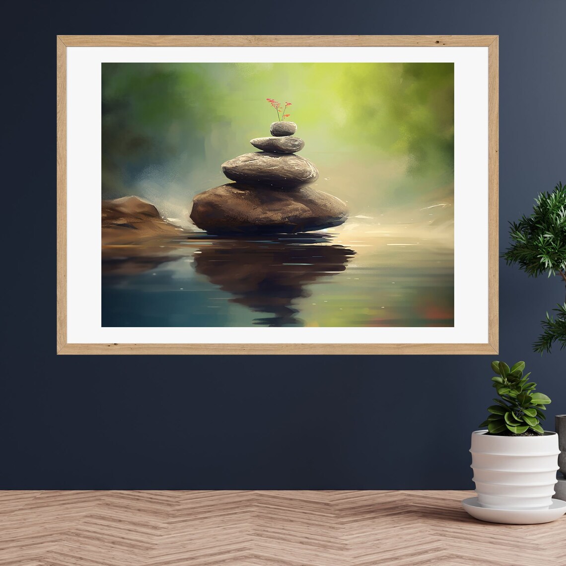 Balanced Zen Stones Cairn Rising from Still Forest Water Poster