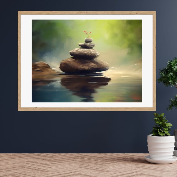 Balanced Zen Stones Cairn Rising from Still Forest Water Poster