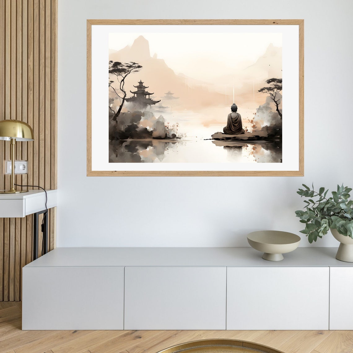 Monk Meditating on Rock by Misty Mountain Lake Serene Poster - Image 3
