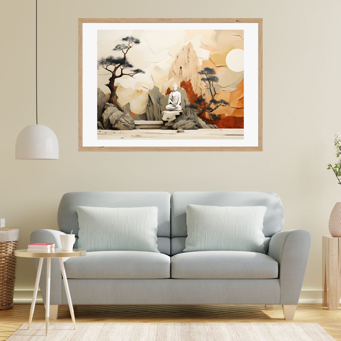White Buddha Statue in a Paper-Cut Mountain Garden Scene Poster - Image 2