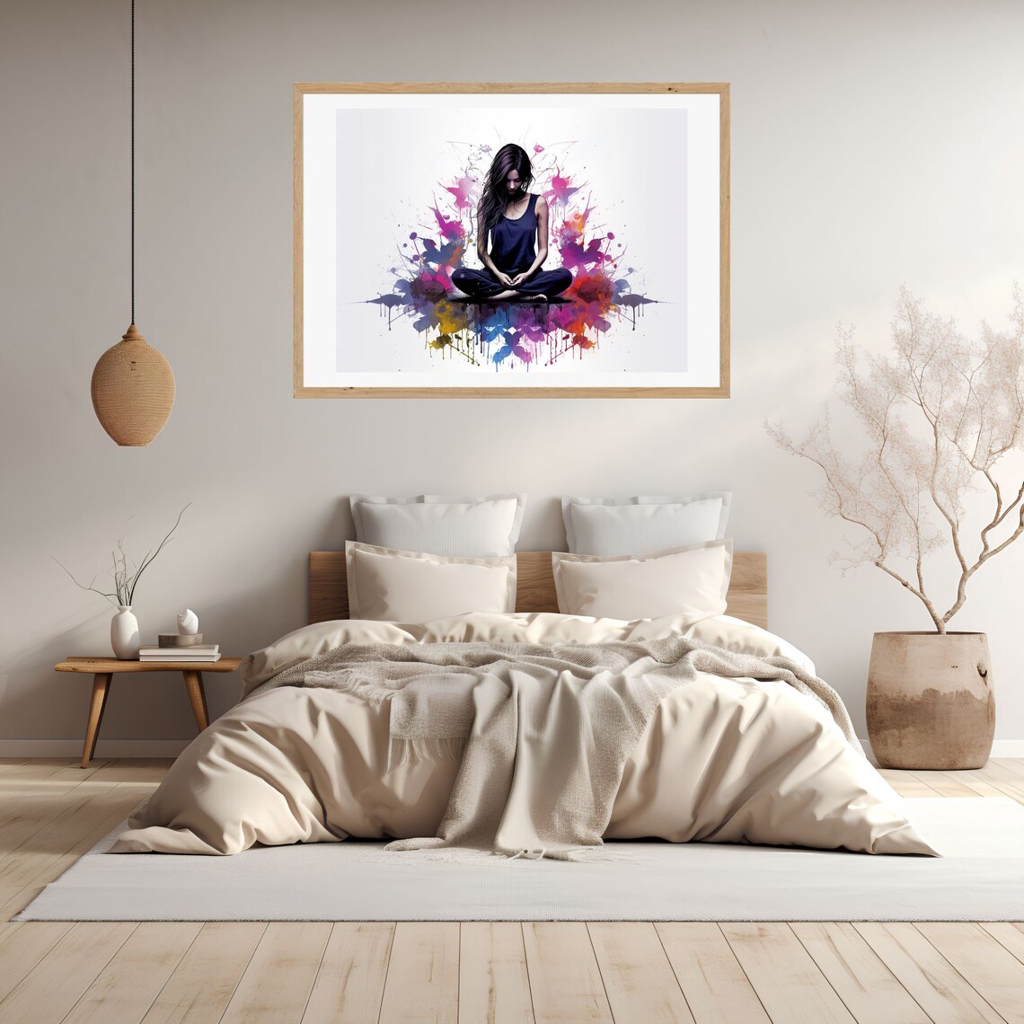 Meditating Woman in Lotus Pose Amid Watercolor Splashes Poster - Image 2