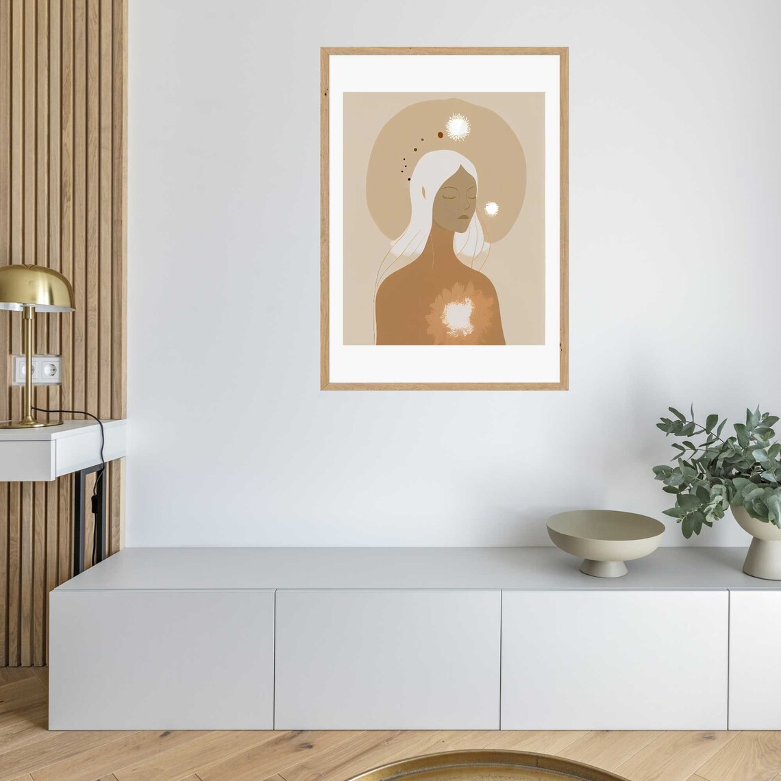 Minimalist Boho Woman Portrait in Warm Beige Tones with Sun Poster - Image 3