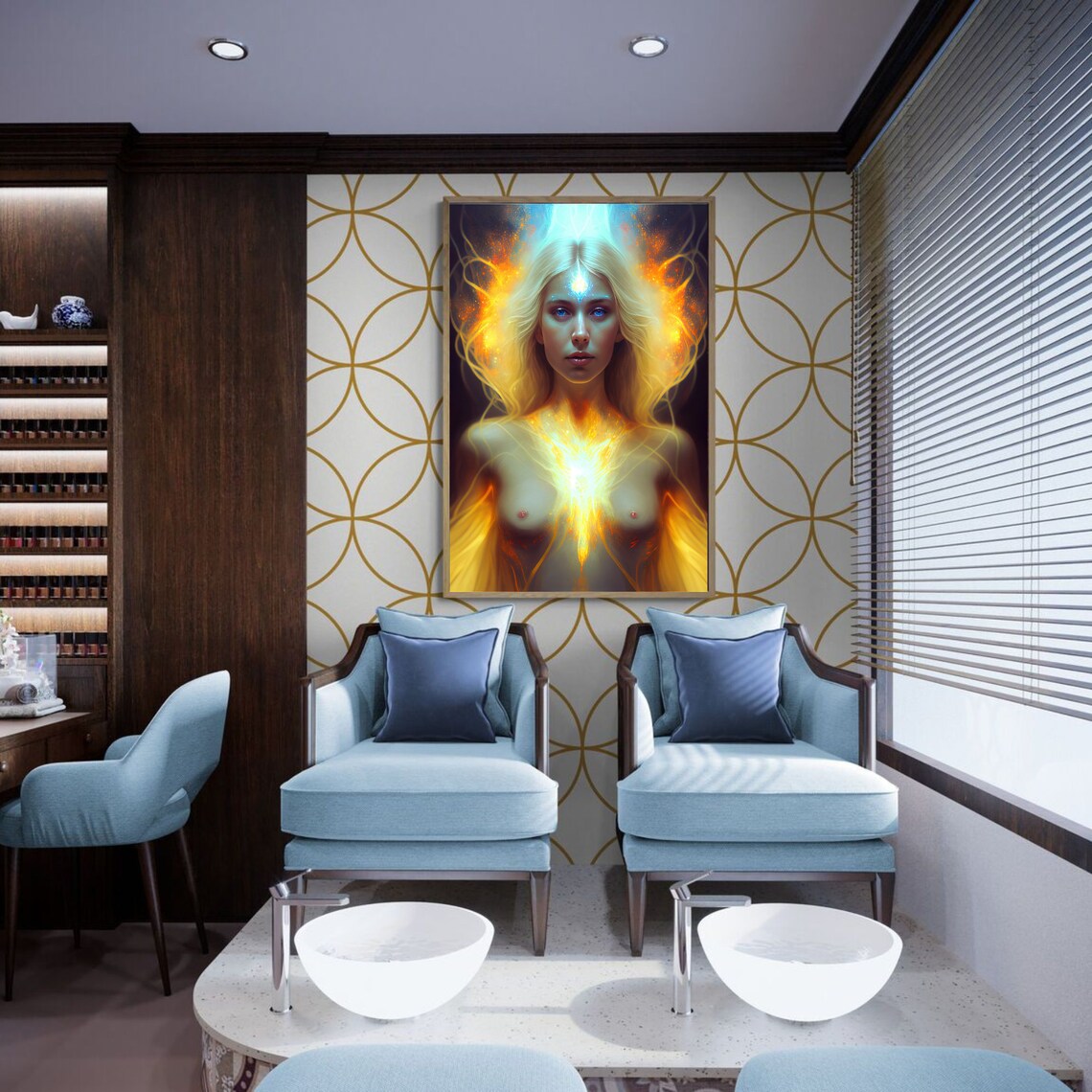 Golden Aura Woman with Glowing Fire Energy Portrait Art Poster - Image 2