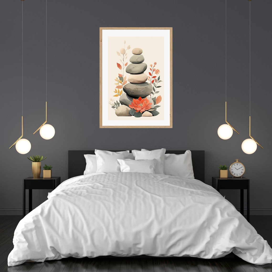Warm Stacked Zen Stone Tower With Orange Lotus Botanical Poster - Image 3