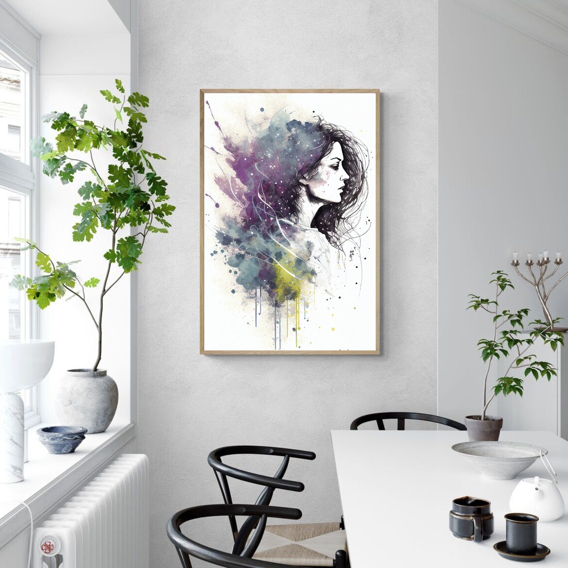 Watercolor Woman Profile with Purple and Green Splashes Poster - Image 3