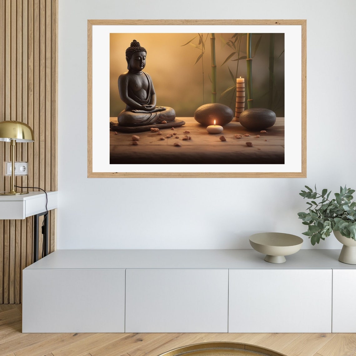 Bronze Buddha Statue with Candles and Bamboo Zen Still Poster