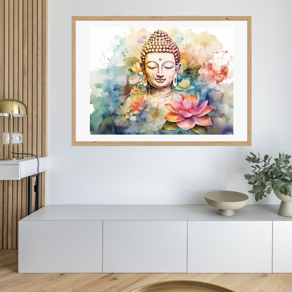 Watercolor Buddha Face With Pink Lotus Color Splash Wall Art - Image 2