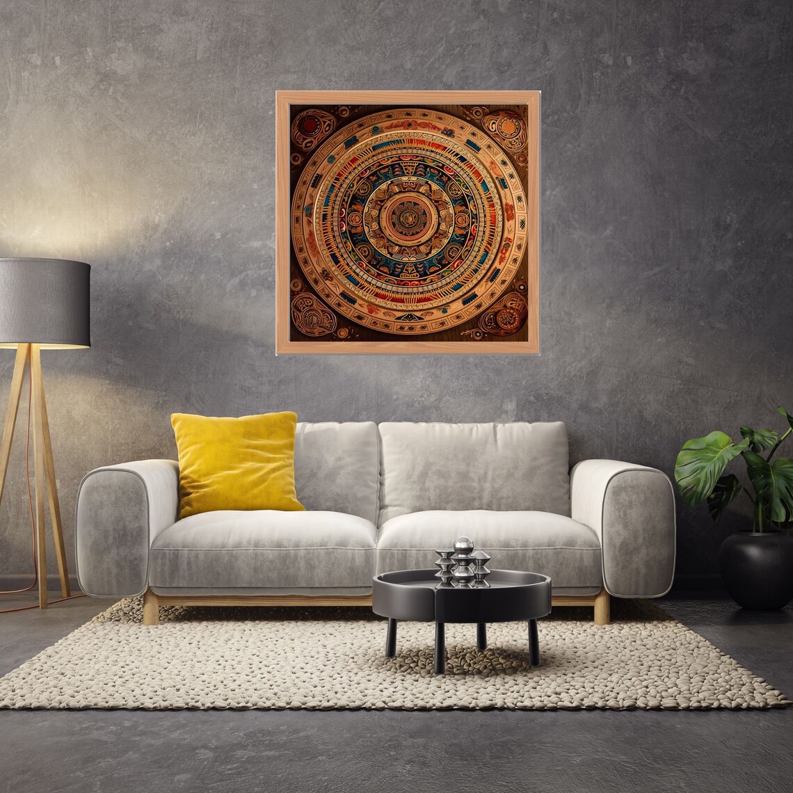 Colorful Tribal Style Mandala in Teal Coral and Gold Tones Poster - Image 2