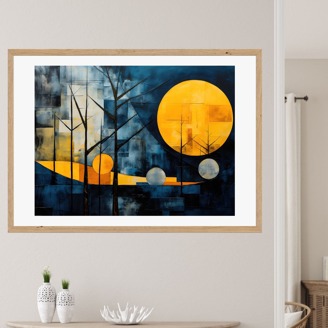 Abstract Geometric Night Forest With Bold Golden Sun Modern Wall Art