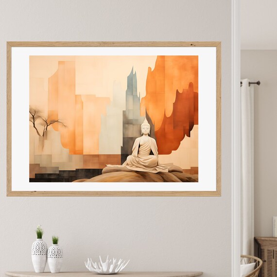 Buddha Meditating Before Rust Orange Abstract Mountain Poster