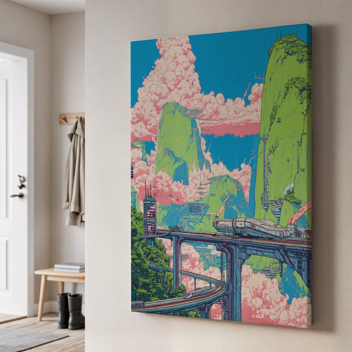 Retro Futuristic SciFi Monorail Landscape Vibrant Anime Style Wall Art