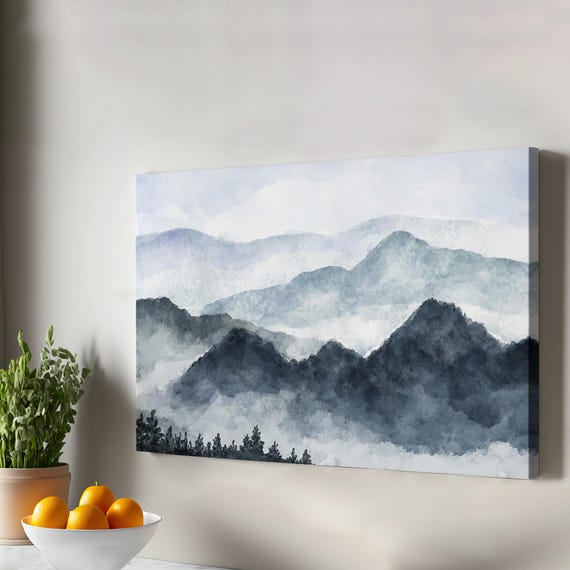 Mountain Landscape Watercolor Look Decorative Canvas Wall Art Abstract Large Modern Decor