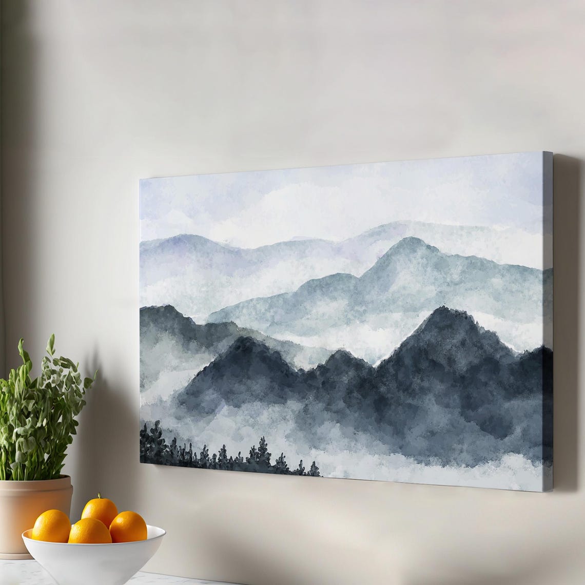 Mountain Landscape Watercolor Look Decorative Canvas Wall Art Abstract Large Modern Decor