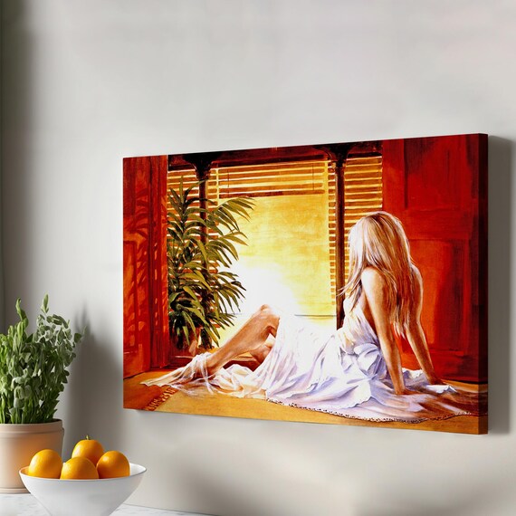 Woman By Sunlit Window Red Shutters Romantic Painting Art Poster