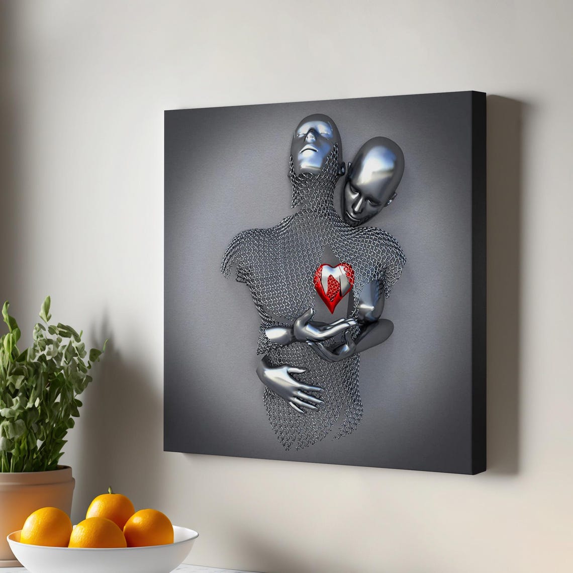 Metallic Silver Embrace Red Heart Romantic 3D Canvas Art Print