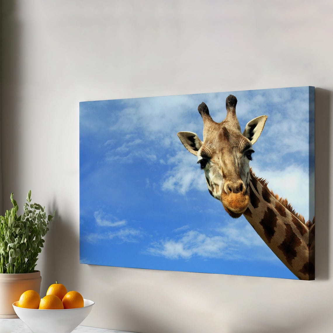 Giraffe Close Up Against Blue Sky Wildlife Photography Poster