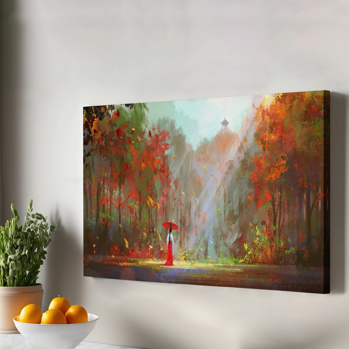 Japanese Noble Woman Red Umbrella Autumn Forest Pagoda Print