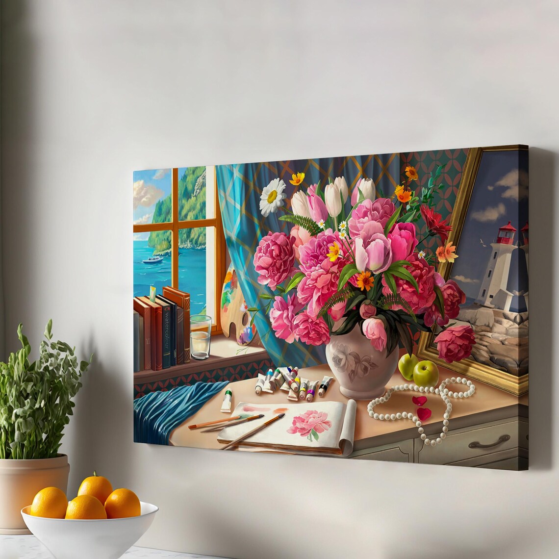 Artist Studio Still Life Ocean Window Lighthouse Flowers Paint Tubes Poster