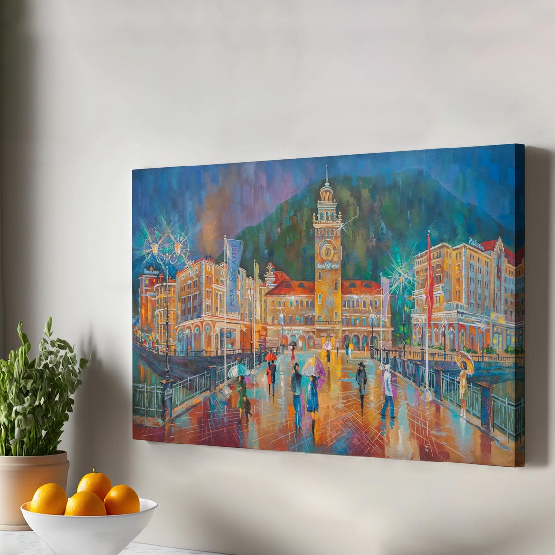 Rainy Evening European Square Clock Tower Umbrellas Canvas Wall Art